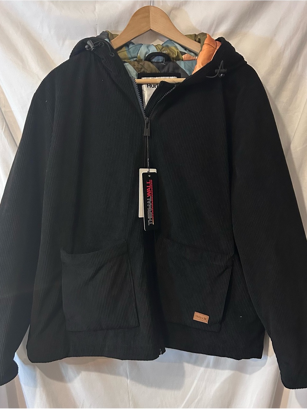 Hurley Women’s Black Hooded Corduroy Jacket “Poppie” Thermalwall Size L NWT